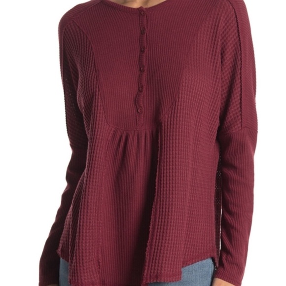 Gibsonlook Mixed Rib Waffle Knit Henley Top In Burgundy Women’s Size M NEW - Picture 3 of 11